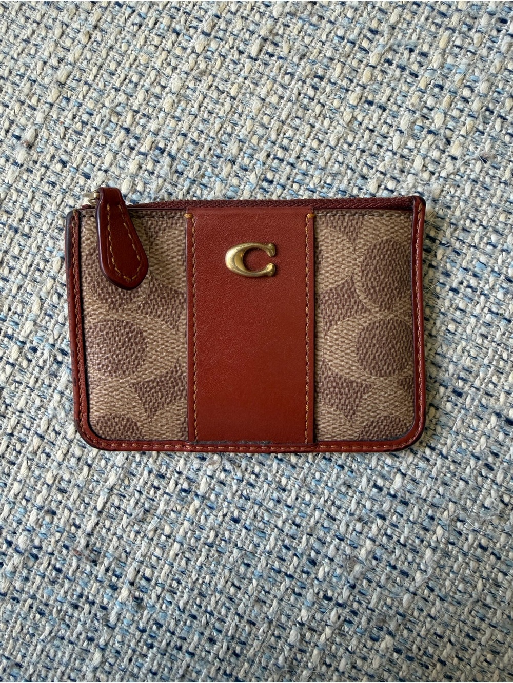 Coach Brown Signature Canvas and Chestnut Leather Card Holder with Gold 'C'
